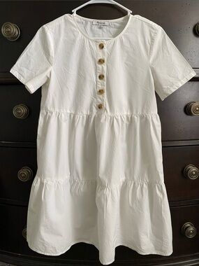 Madewell White Tiered Short-Sleeve Midi Dress with Button Placket